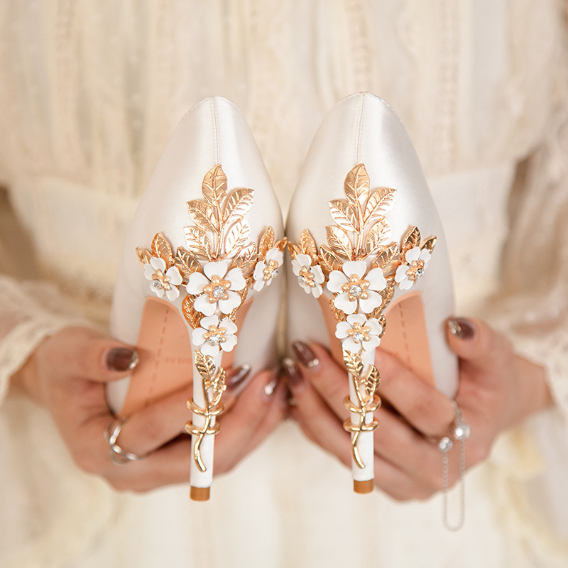 Women Shoes Ysl - Luxe Metalen Bloemen Hak Kristal Bruidsschoenen