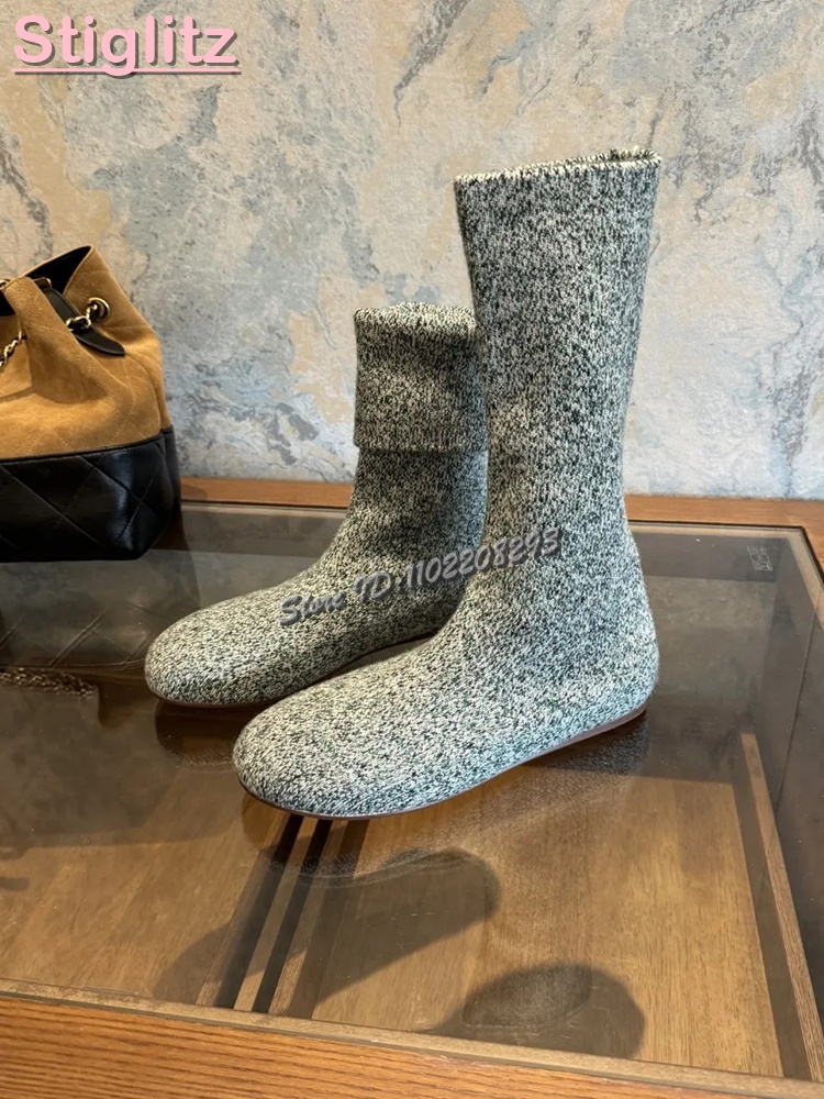Sock Boot Women - Gebreide ronde neus platte stretchlaarzen effen