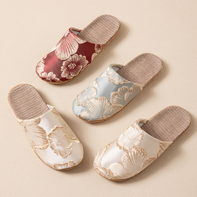 Women Shoes Mules - Zijde elegante muilezelpantoffels Dames Thuis Bloemenlinnen