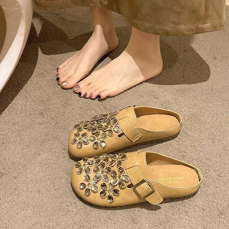 Women Shoes Mules - Dames Bloemen Strass Gesp Gesloten Teen